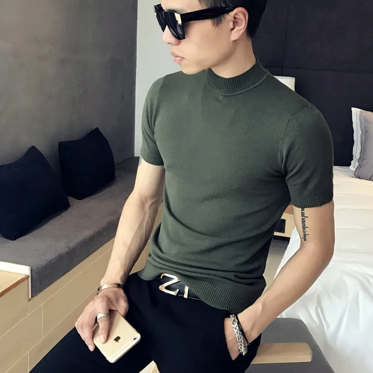 

2022 Summer Men's Self-cultivation High Collar Casual T-shirt Solid Color Short-sleeved Sweater Bottoming Shirt Knit Tee Top Y19