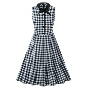 

Plaid Vintage Dress Women Peter Pan Collar Sleeveless 60s Rockabilly Robe Party Dress 2020 Elegant Summer Dress Bowknot Vestidos