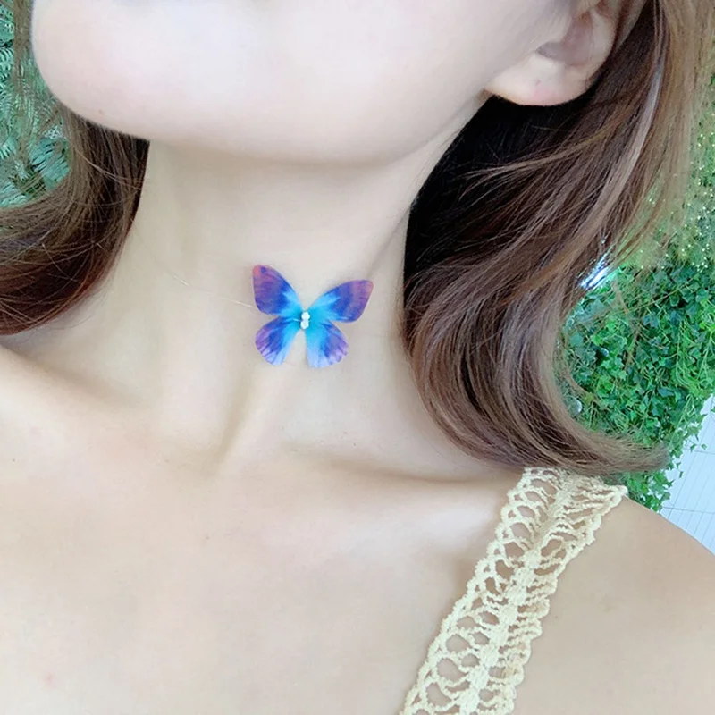 Transparent Invisible Fishing Line Chain Choker Necklace Women Multicolor Butterfly Pendant Necklaces Charm Collana Jewelry
