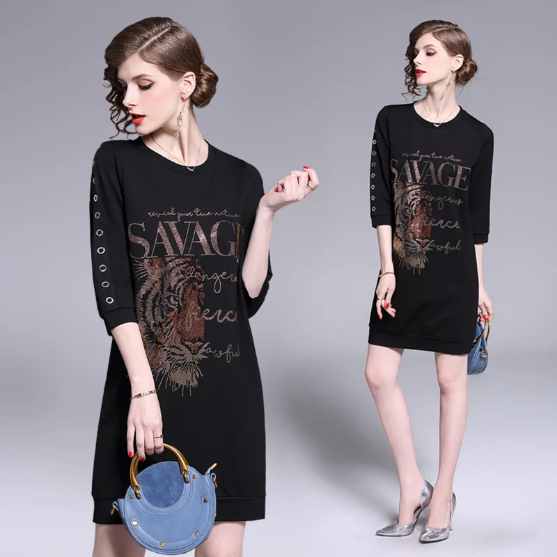 

2019 Europe And America Fashion WOMEN'S Dress Fashion Diamond Set Joint Leopord Pattern Full Body Dress