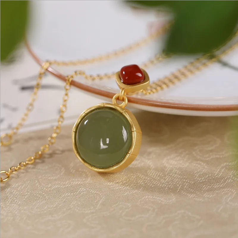 Uglyless Real Natural Jade Hexagon Pendants for Women Bohemia Turquoise Necklaces+ Chains Gold Plated 925 Silver Jewelry P1095 - Gem Color: Round 27x12.5MM