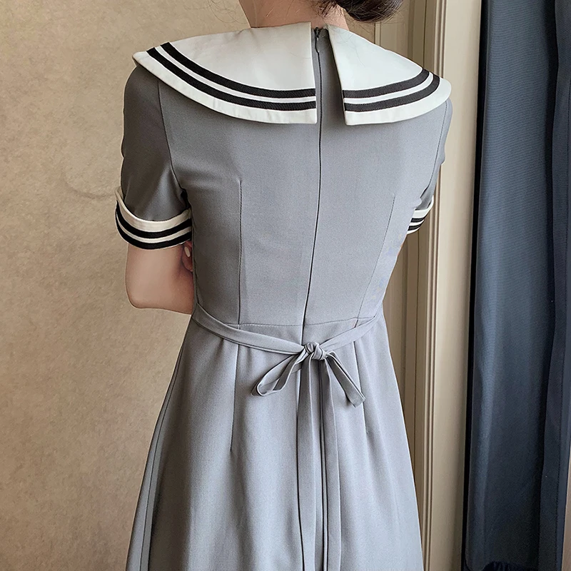 Women Casual A-Line Dress Preppy Style Solid Short Sleeve Bow Knee-Length Dress Summer Sweet Sailor Collar Empire Gray Dress