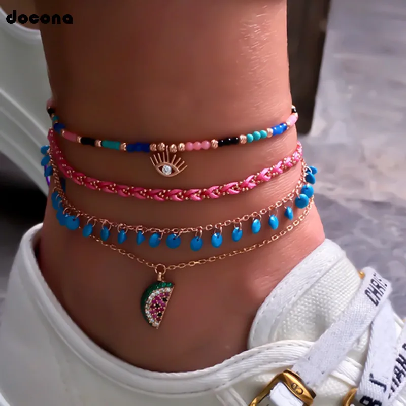 Docona Crystal Watermelon Eye Multilayer Anklet Bracelet Set for Women Colorful Rope Beaded Pendant Anklet Foot Chains 8369 Docona Crystal Watermelon Eye Multilayer Anklet Bracelet Set for Women Colorful Rope Beaded Pendant Anklet Foot Chains 8369