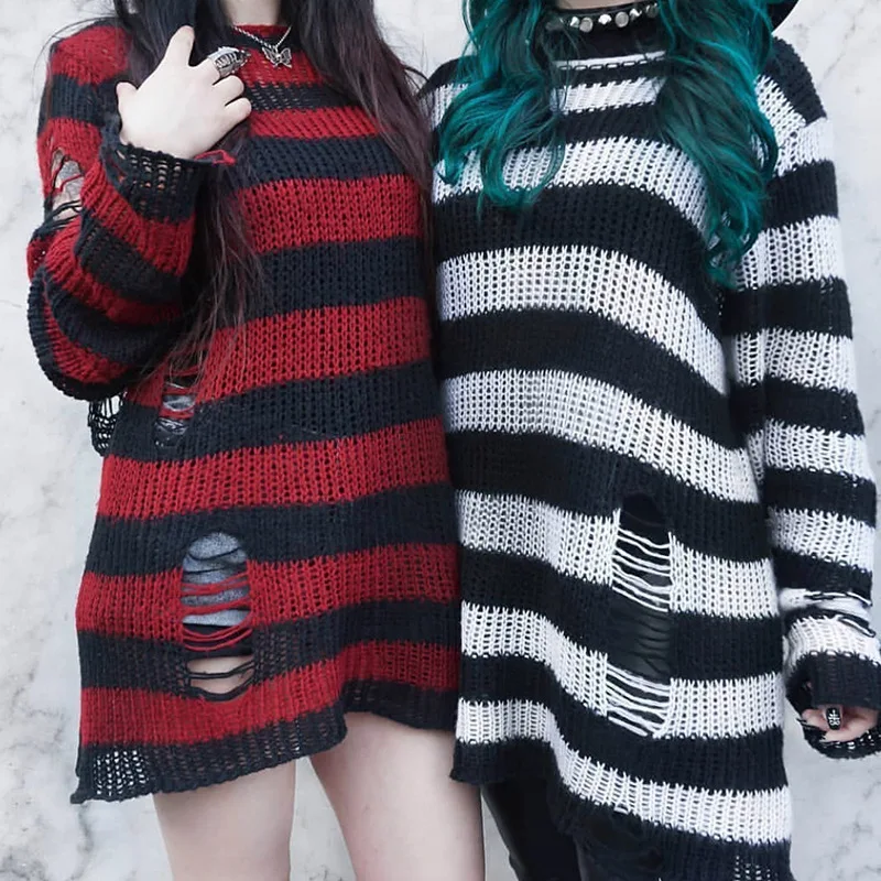 

Lugentolo Striped Ripped Sweater Women Loose Mohair Knitted Mid-length Pullover Sweaters Streetwear Punk Fall Clothes