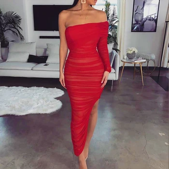 

ZADORIN Sexy Off Shoulder Long Sleeve Mesh Split Stretch Bodycon Ruched Dress Women Elegant Long Maxi Party Dresses for Women
