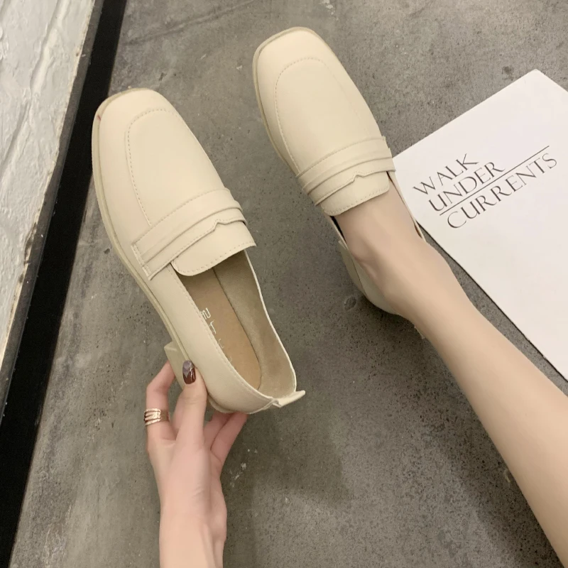 

All-Match Womens Derby Shoes Casual Female Sneakers British Style Women's Heels Flats Shallow Mouth Square Toe Leather Preppy