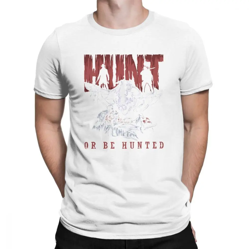 Новинка, футболки Hunt Showdown Hunt Or Be Hunted, Мужская хлопковая футболка, ужасы позолоченного возраста, игра монстров, футболки с коротким рукавом, Новинка - Цвет: Белый