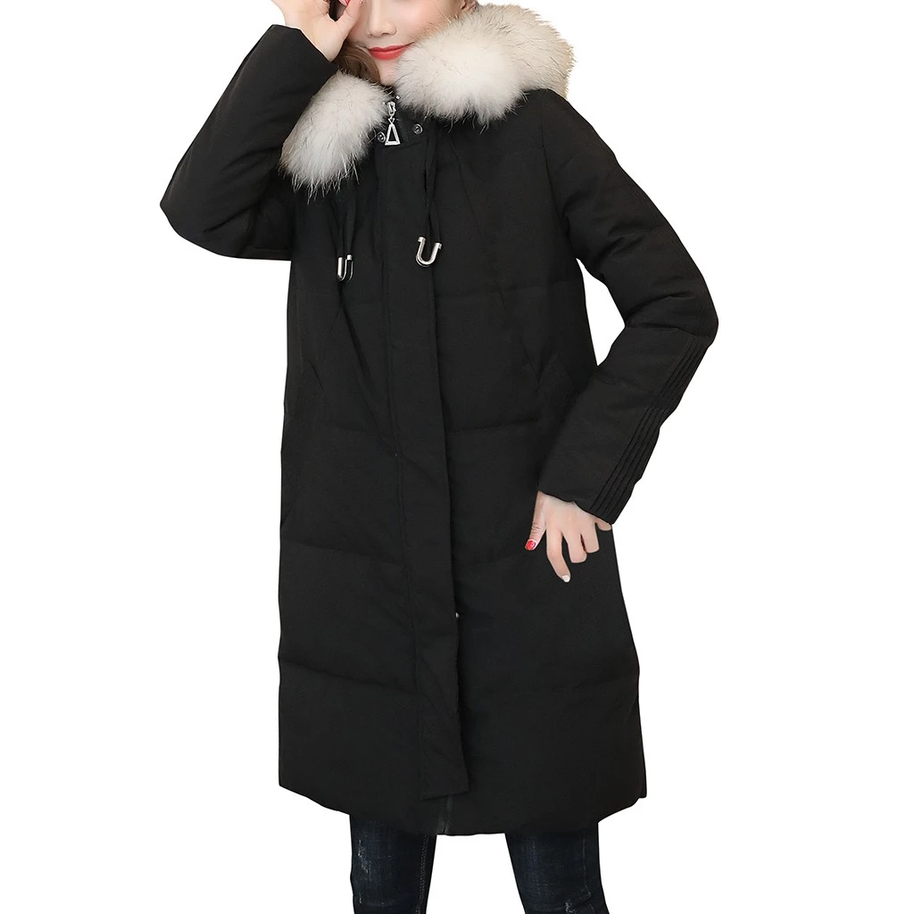 JAYCOSIN/женская зимняя куртка парки с большим искусственным меховым воротником однотонная женская куртка на молнии с хлопковой подкладкой теплая хлопковая базовая модель 904 - Цвет: BK