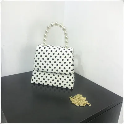 white mini polka Женская сумка в горошек, винтажная Женская сумочка с жемчужной ручкой, вечерняя сумка, женские сумки на плечо, повседневная женская сумка через плечо - Цвет: white mini polka