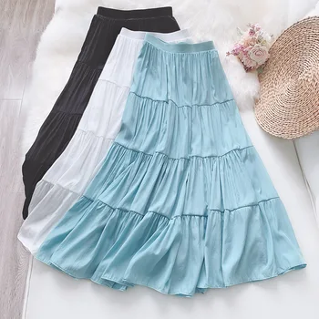 

2020 New Fashion Women A-line Long Skirts Summer Linen Skirts Spring Solid Color Skirts