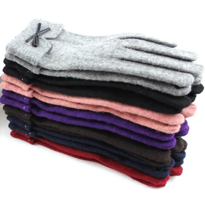 Gloves Women Winter Cute Korean Wool Bow Embroidered Gloves Warm Women's Double Cashmere Touch Screen Gloves- One Size Black