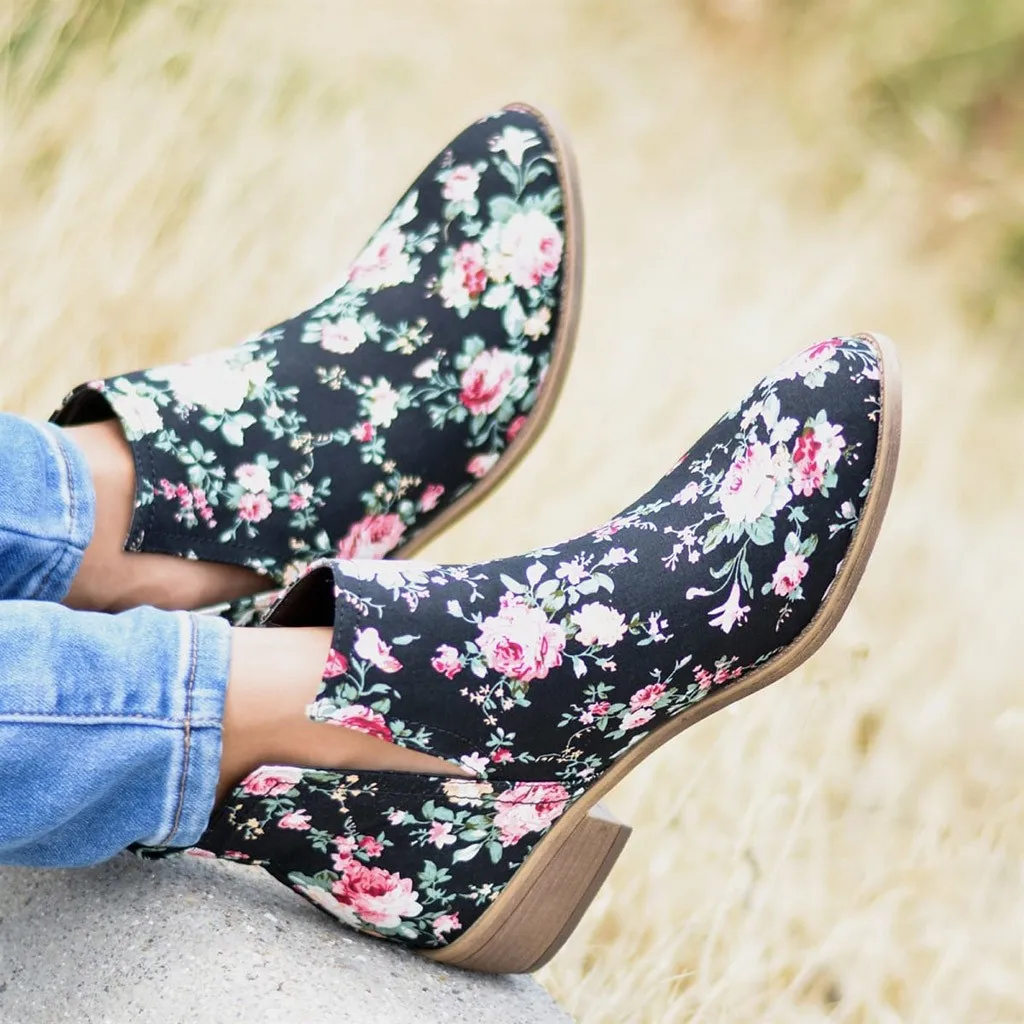 

MUQGEW Country style Women's Europe and America large size flower print thick Squre Heel Ankle boots Girls Floral Botines #827