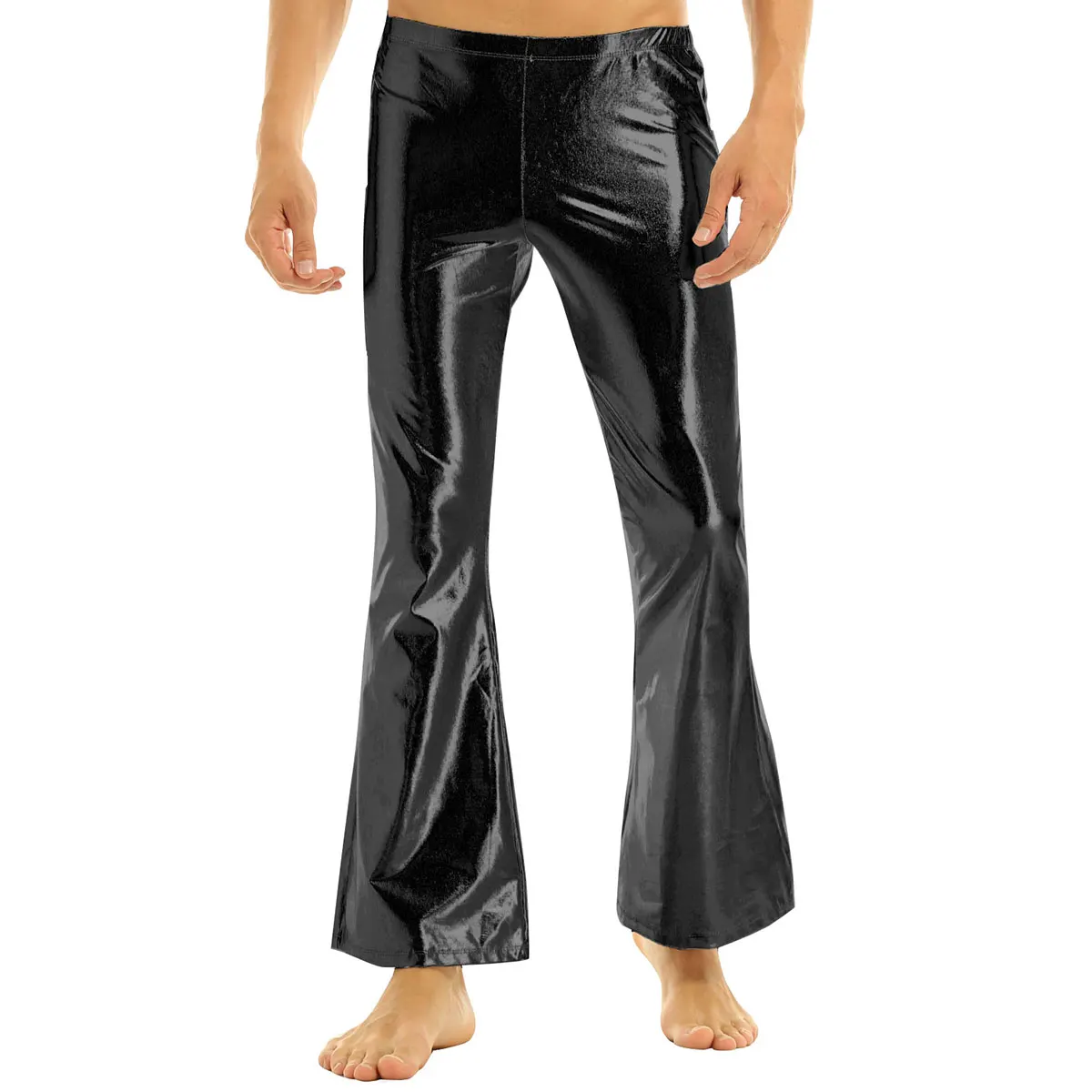 Men Shiny Metallic Flared Disco Pants Bell Bottom Long Pants