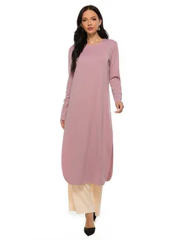 

WEPBEL Muslim Casual Solid Color Loose Suit Women's O-Neck Long Sleeve Split Dress + Wide Leg Pants Suit