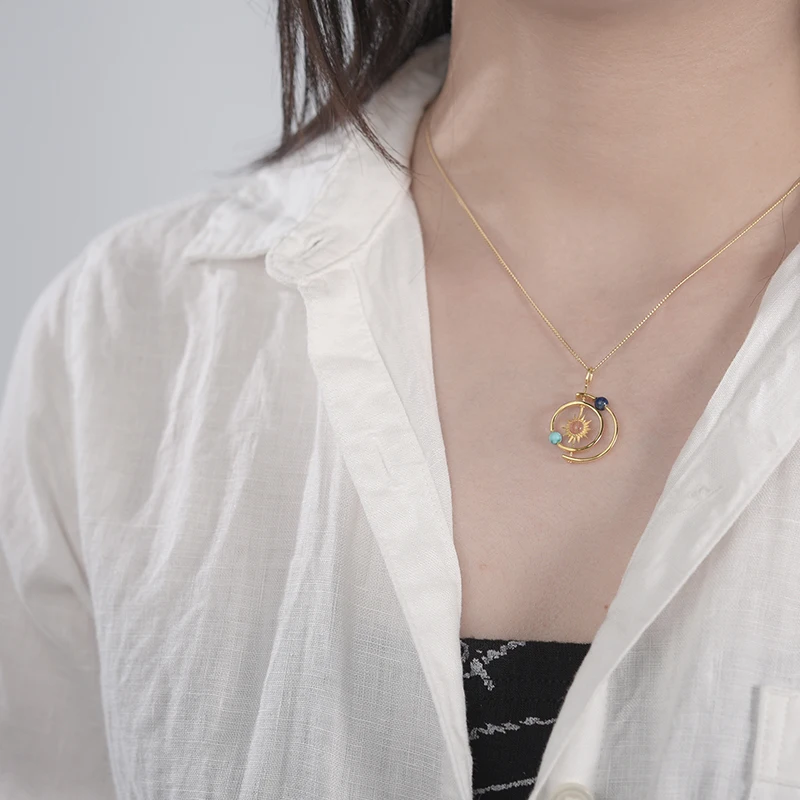 Women Gift Lotus Fun Real 925 Sterling Silver Handmade Fine Jewelry 18K Gold Creative Solar System Pendant without Necklace pendant necklace silver pendant