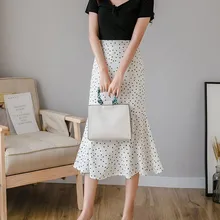 Женская повседневная юбка русалки с высокой талией, элегантная шифоновая юбка в горошек, Корейская юбка средней длины, свободная трапециевидная юбка