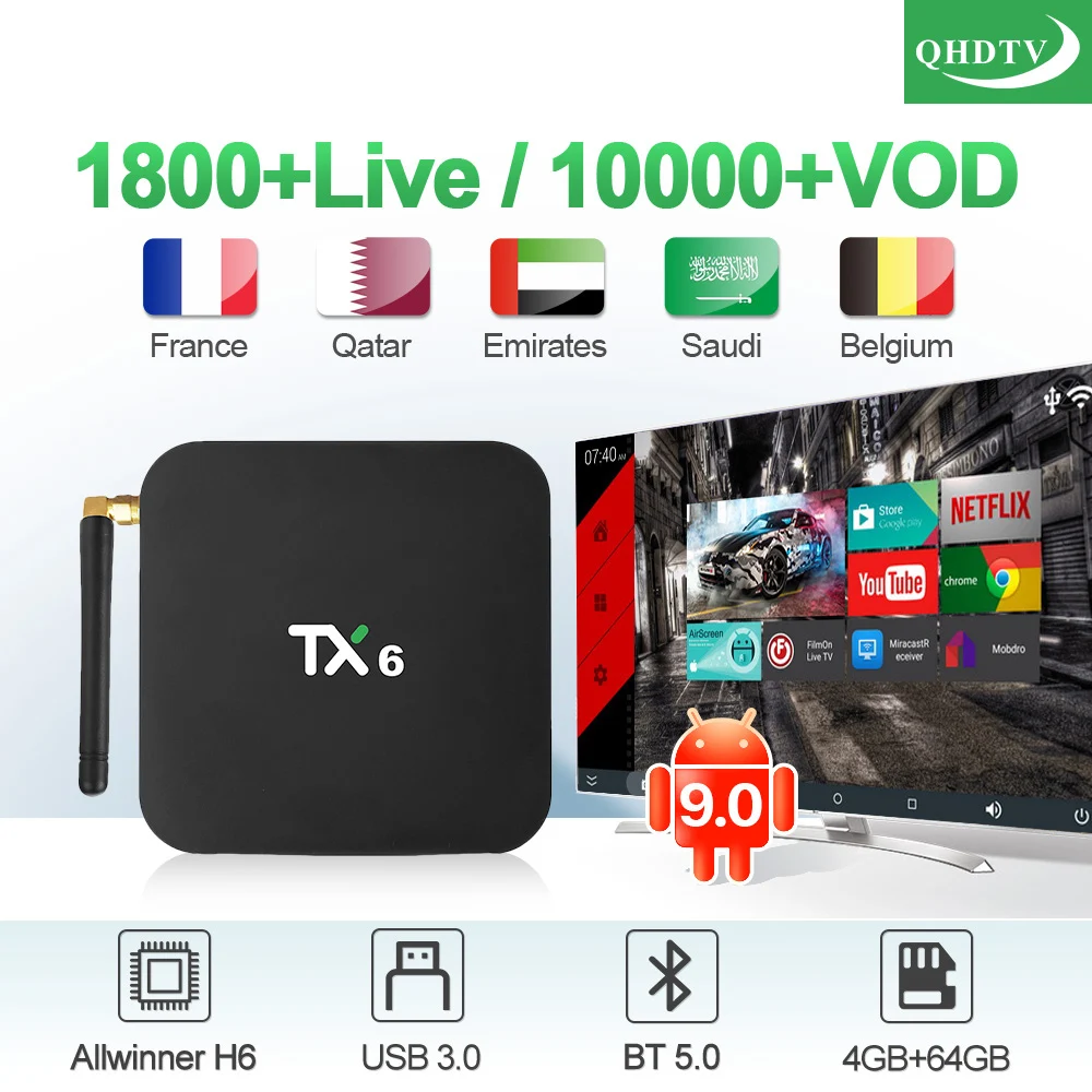 Android 9,0 IP tv Франция приемник TX6 Android 9,0 4+ 64G BT5.0 USB3.0 двухдиапазонный wifi Италия Бельгия арабский Франция IP tv кодовый замок