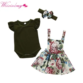 

3pcs Newborn Baby Girl Clothes Short sleeve Romper Top+floral strap dress+Headband Toddler Baby clothing Summer Outfits Set4