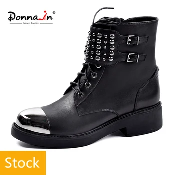 

Donna-in Martin Punk Boots Women Genuine Leather Ankle Boots Square Heel Round Toe Lace Up Metal Fashion Black Botas Ladies Shoe