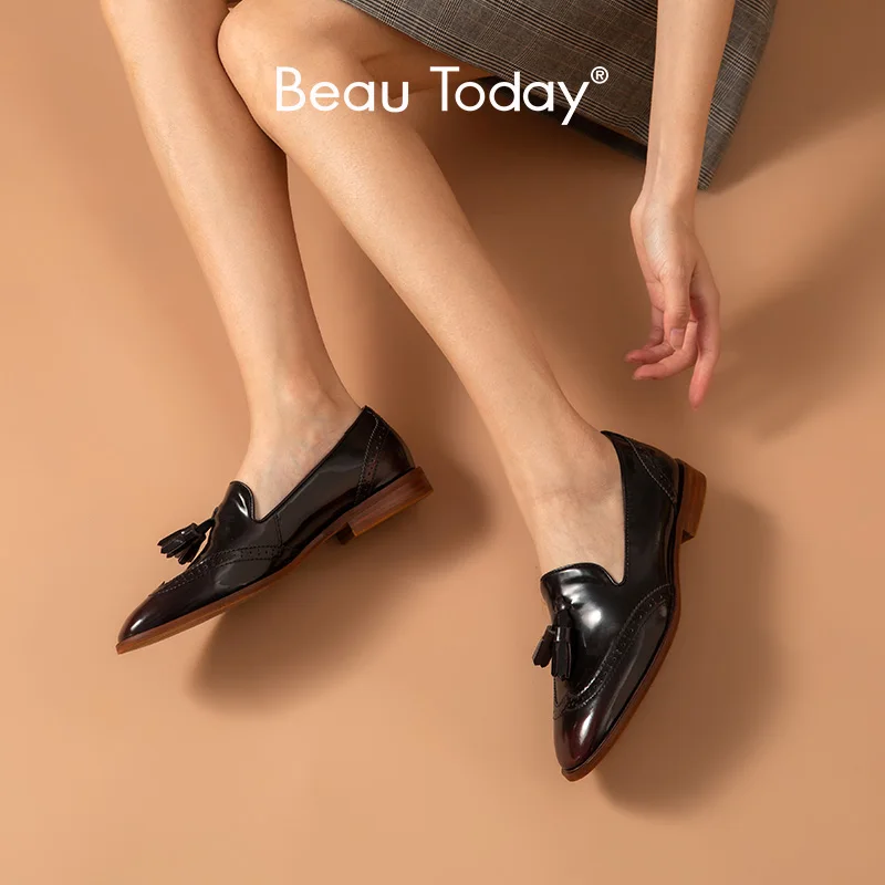 Женские лоферы BeauToday из натуральной коровьей кожи с кисточками без шнуровки