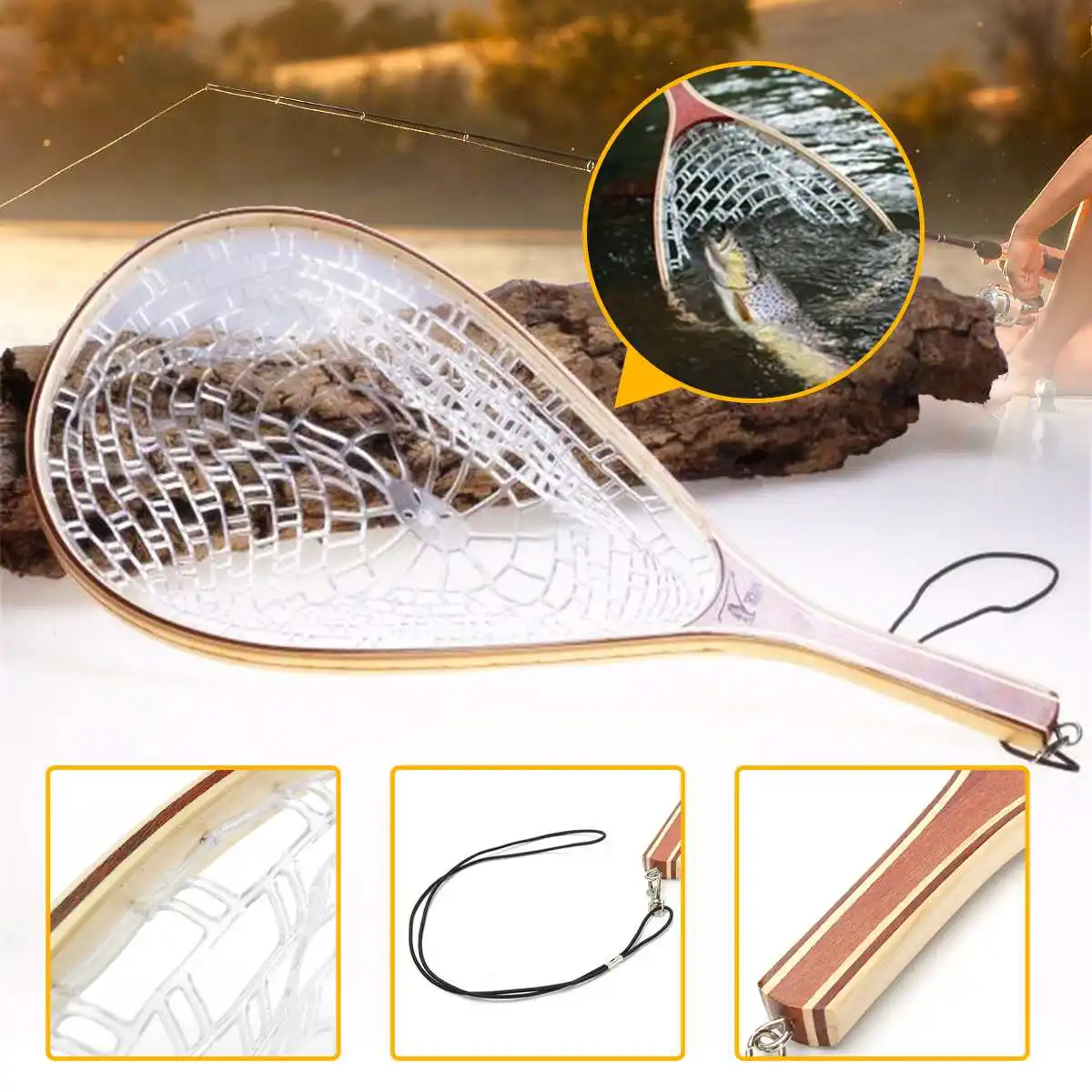 

New Bobing Outdoor Sports 58CM Wooden Handle Fly Fish Fishing Landing Trout Clear Rubber Net Mesh Catch Tackle Fishing Net