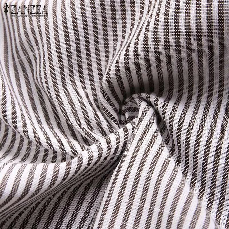 Женские хлопковые льняные Топы Blusas ZANZEA Женская Повседневная рубашка женская модная Полосатая туника блузка со стоячим воротником Chemiser Mujer