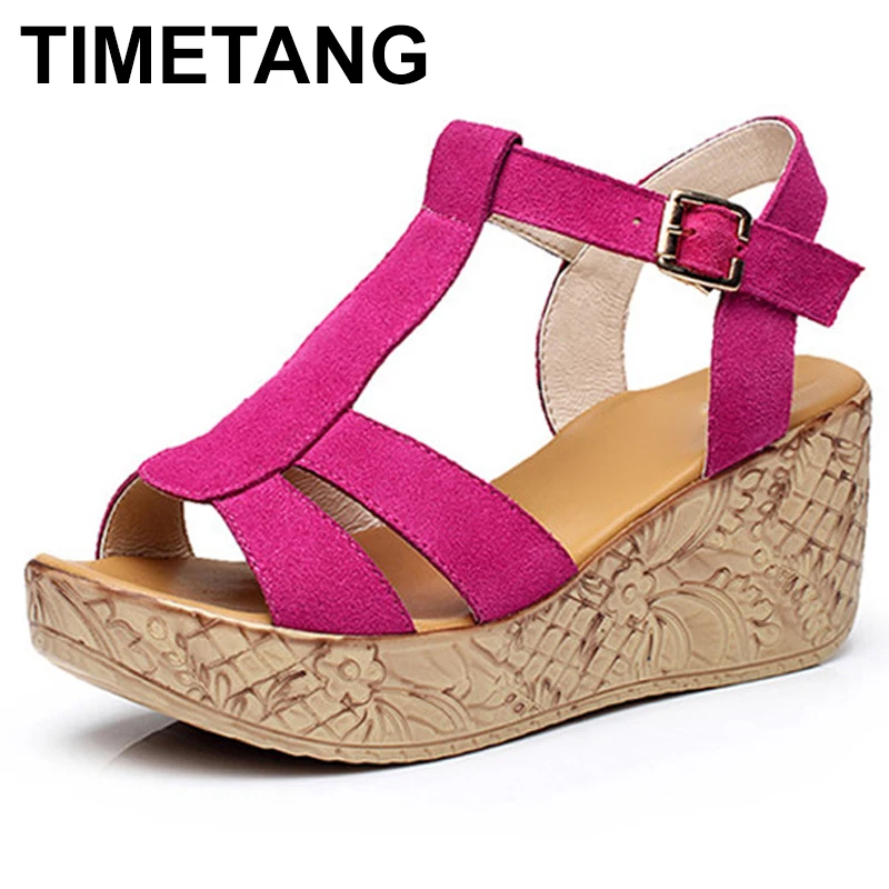 Timetang2019 Women's Wedges Open Toe Sandals Lady Shoes Genuine Leather