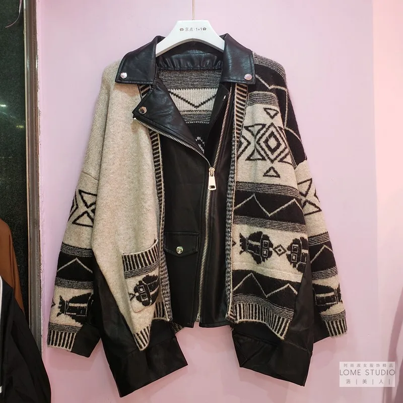 

European station European woolen sweater splicing Pu collar 2021 new cardigan jacket jacket women's autumn