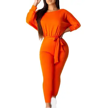 

2019 Autumn Women Slash Neck Off Shoulder Jumpsuit Loose Long Sleeve Lace Up Long Romper Solid Colors Casual Jumpsuit