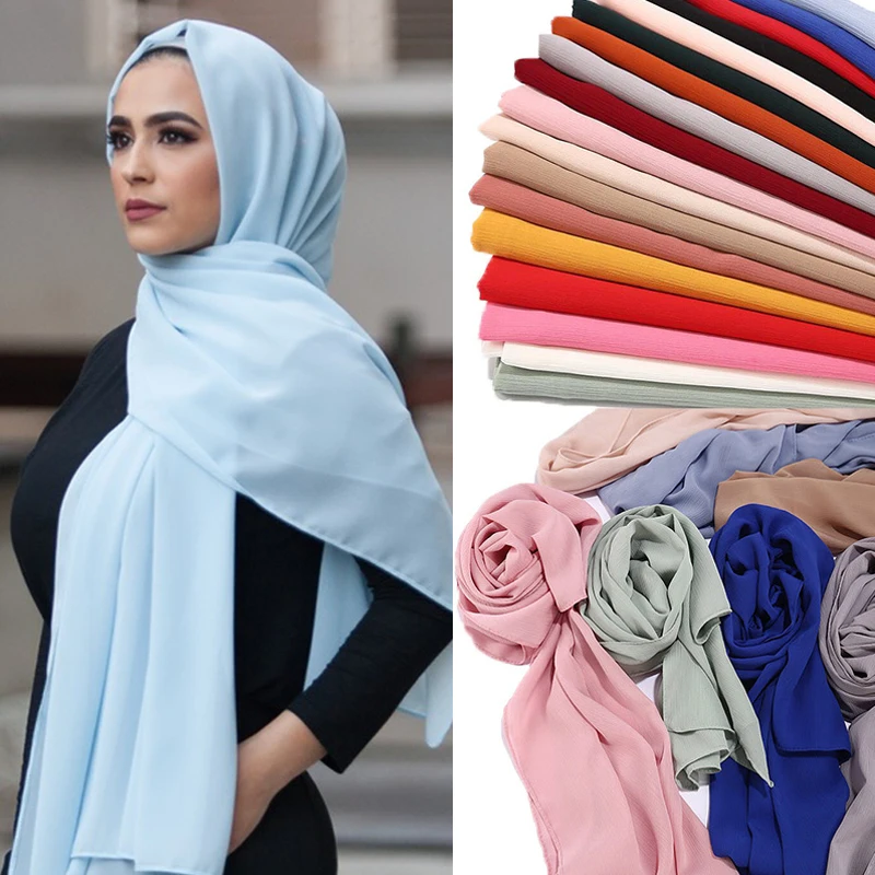 2024 Women's Elegant Modest Muslim Islamic Bubble Chiffon Scarf Ramadan Soft Lightweight Hijab Stores Bandana Headscarf 3