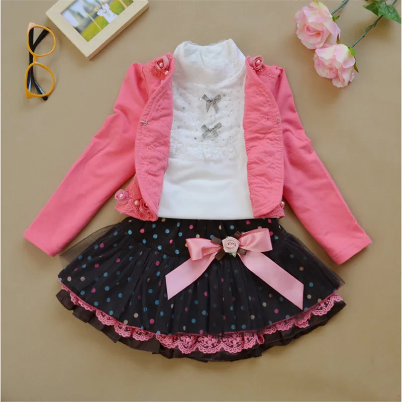3-10Yrs Kids Girls Flower 3pc Clothing Set Short Mini Jacket Blouse Shirt Lace Tutu Skirt Baby Girls Suits Set Children Clothes