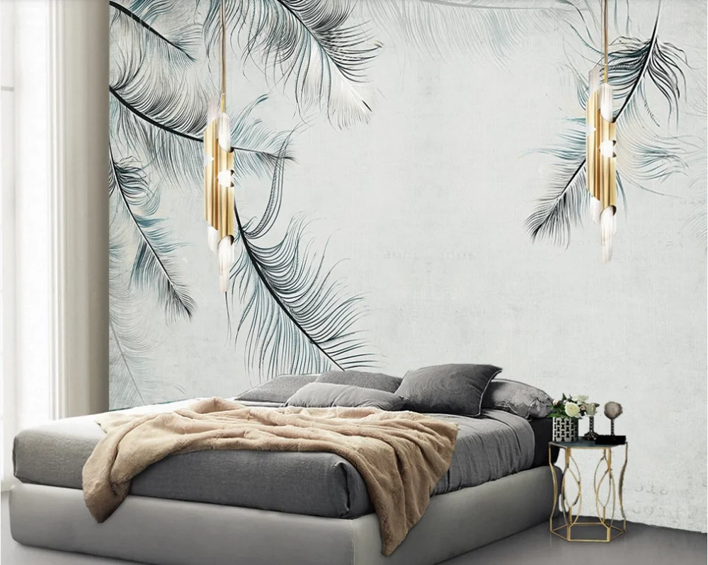 Custom wallpaper Nordic style background wall simple and elegant mural blues feathers-waterproof material