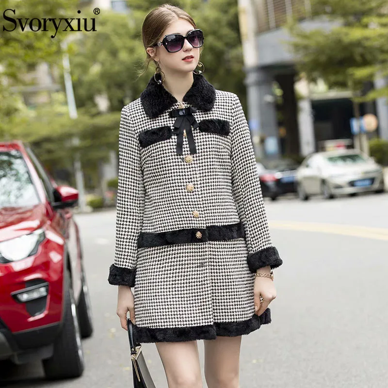 

Svoryxiu Designer Fashion Winter Thick Overcoat Outwear Women's Hair Collar Diamond Bow Single Breasted luxury Coat Overcoat