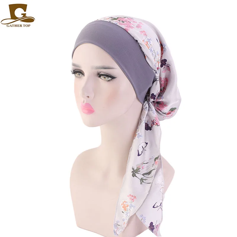 Плиссированная хлопковая шапка с длинным хвостом в полоску с цветами индийская мусульманская женская мода шапочки для девочек простая четырехсезонная одежда шапки - Цвет: 26