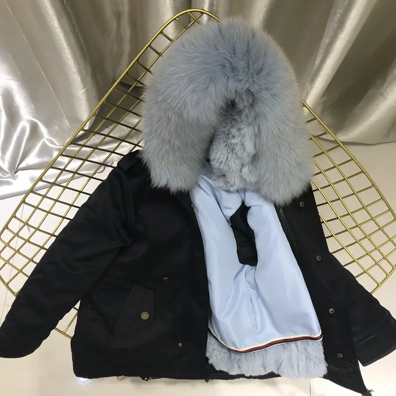 Одежда для маленьких девочек зимняя куртка Настоящий мех кролика парка для девочек, зимние пальто с лисьим мехом, с капюшоном, отделка, одежда для маленьких мальчиков - Цвет: black sky blue fur