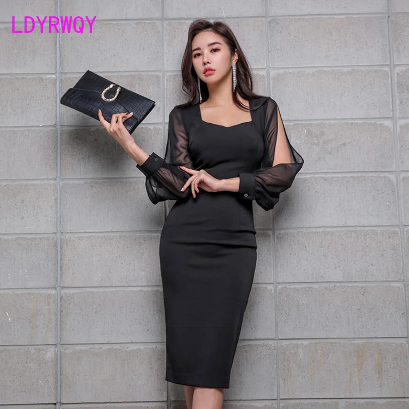 2019 Korean version of the new women's chiffon sleeve stitching black bag hip dress