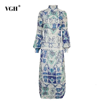 

VGH Stripe Pirnt Hit Color Patchwork Dress For Women Turtleneck Lantern Long Sleeve High Waist Straight Dresses Female 2020 New