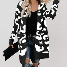 Зимняя одежда, женский леопардовый длинный кардиган, свитер размера плюс, новинка, уличная одежда, Рождественский свитер, женские пальто желтого и черного цвета