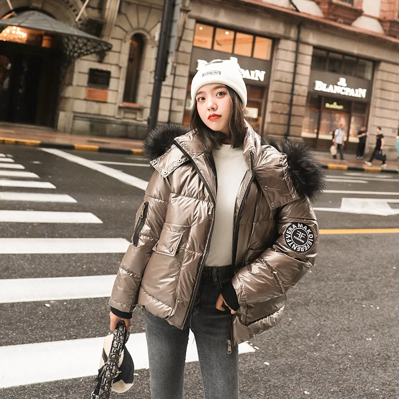 Autumn Winter Women's Short Glossy Down Cotton Hooded Parkas With Big Fur Collar Casual Pearlescent Leather Thick Winter Jacket - Color: Champagne