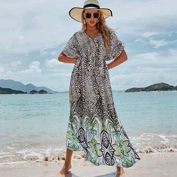 

Swimsuit Cover up Leopard Print Boho Maxi Dress 2020 Bathing suit Women Cover ups Vestido Playero Beachwear Robe Femme Pareos