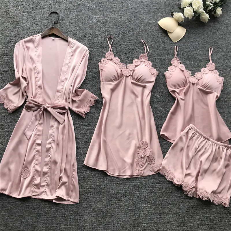 

2019 Summer 4 Pieces Pijama Feier Sexy Lace Lingerie Female Pyjama Rob Set Nightwear Silk Pajamas for Women Sleepwear Suit