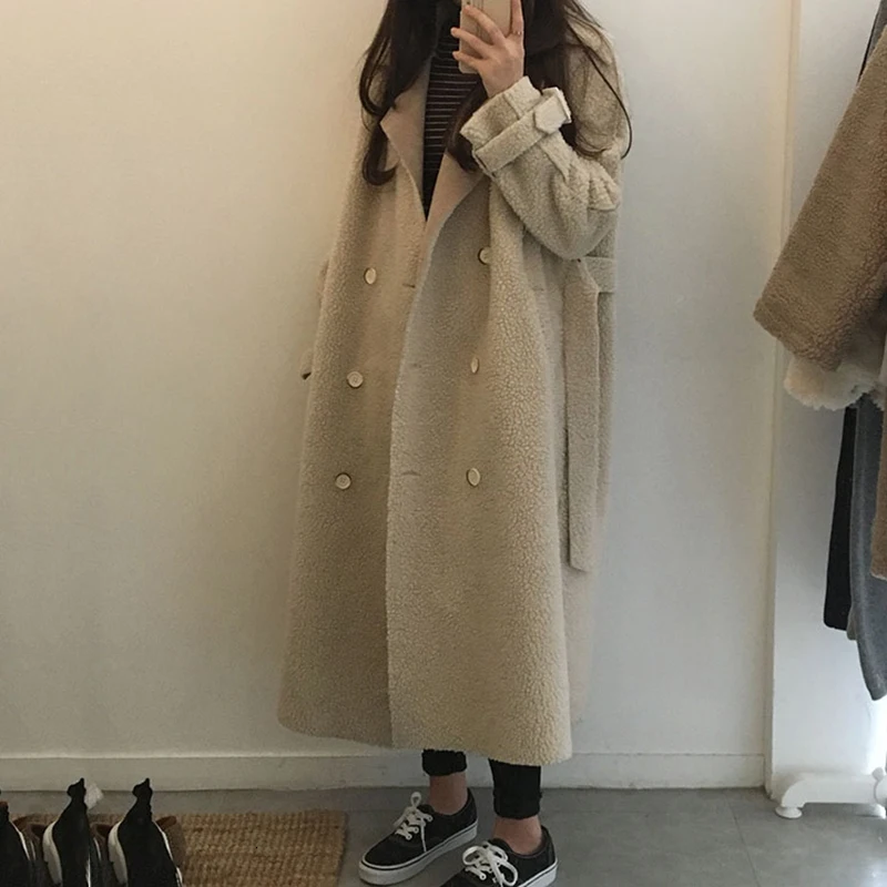 SHENGPALAE, шикарное зимнее пальто с отложным воротником, с длинным рукавом, Бандажное пальто, Koeran, модное, большое, имитирующее овечье хлопковое Женское пальто FV847