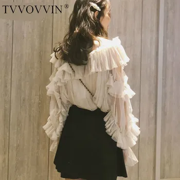 

TVVOVVIN 2019 Spring Summer Fashion Women Clothes Vacation White Lotus Leaf Irregular Mesh Sweet Students Shirt Skirt Sset V045