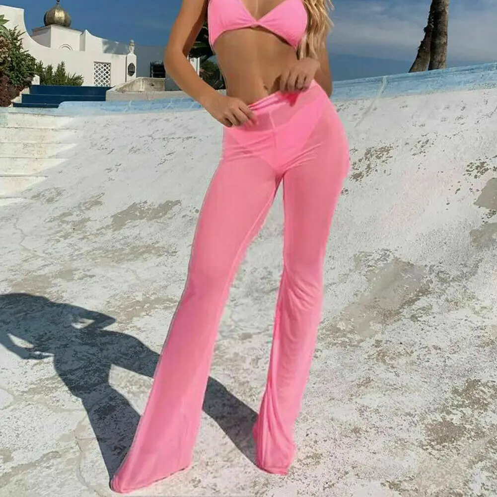Women Hot Sexy Beach See-through Mesh High Waist Elastic Sheer Wide Leg Pants Trousers Plus Size Bikini Cover Up S-XL