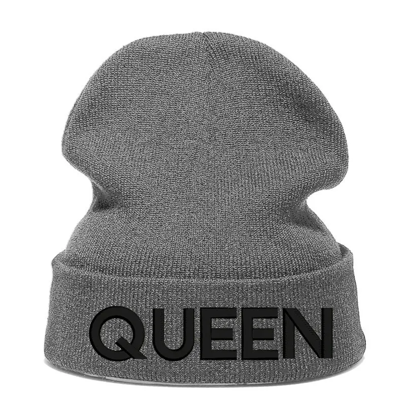 Шапка с принтом queen шапка Skullie шапка, вязаная шапка-носок зимняя Осенняя вязаная вышивка Кепка в стиле хип-хоп Мужская и женская Подростковая Кепка для уличных танцев черная