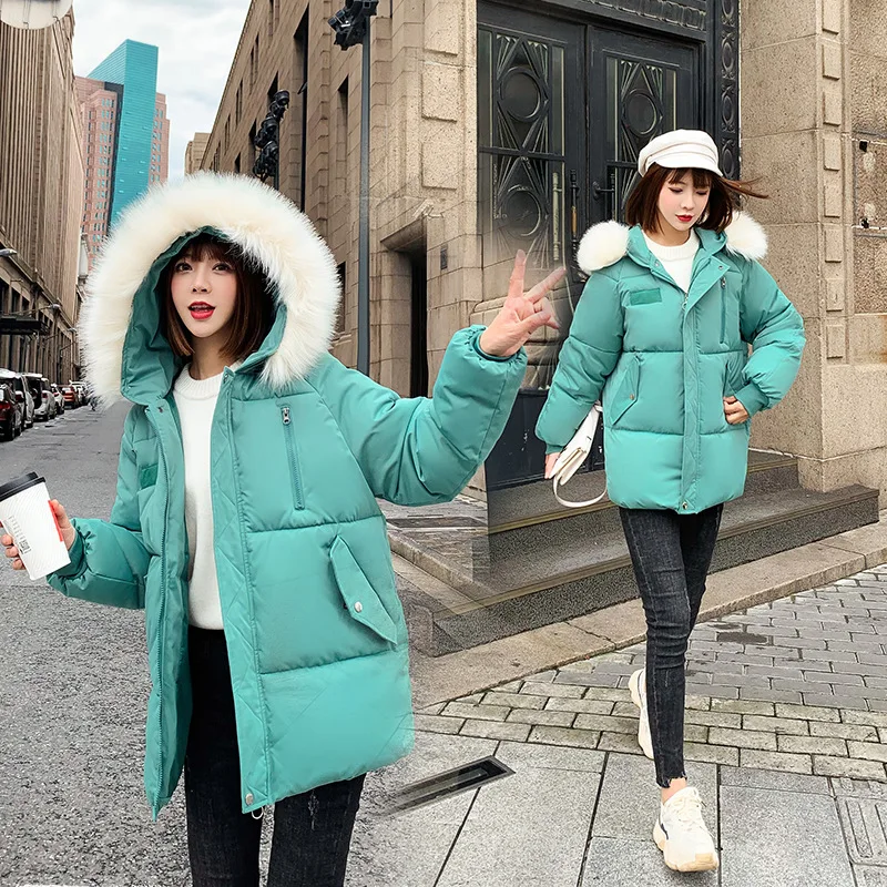 

2019 Winter New Style Large Fur Collar Cotton-padded Clothes Women's Mid-length down Coat Cotton-padded Jacket Students Thick Lo