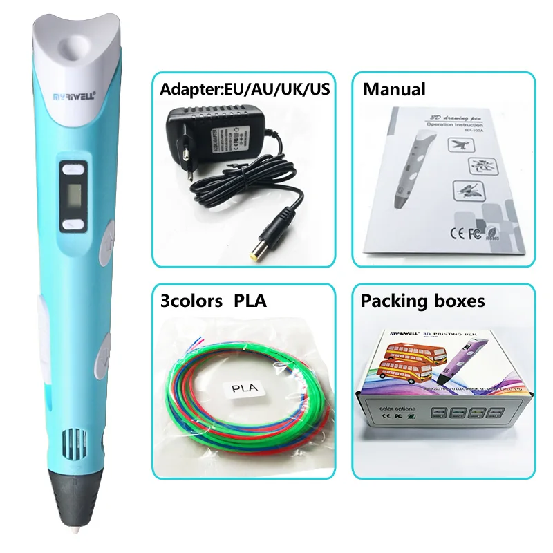 Blue pen Package 1 Myriwell 3d Ручка 3d ручки, светодиодный дисплей, ABS/PLA нити, подарки для детей зарядка через USB, 3 d Ручка 3d модели Smart 3d печать pen-3d Волшебное перо - Цвет: Blue pen Package 1