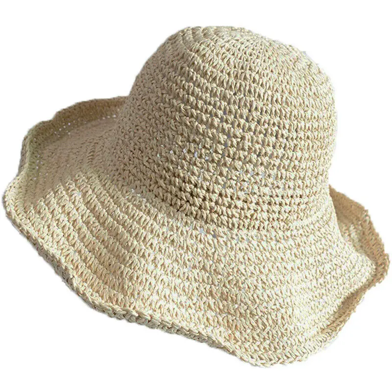 Summer Large Brim Foldable Straw Hat Floppy Wide Brim Sun Cap Bowknot Beach Foldable Hats Women Hiking Caps
