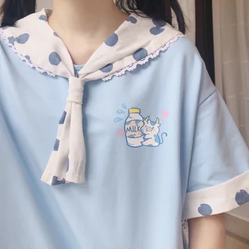 

Women Summer new Navy Big Lapel Cute Dairy cattle T-shirt Teen Girls Student Japanese Loose Short sleeve Pullover Tops Korean