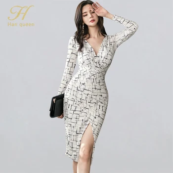 

H Han Queen V-neck Print Split Sexy Bodycon Dress Women 2019 Winter Fitted Sheath Pencil Dresses OL Striped Work Wear Vestidos